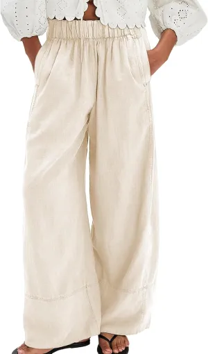 Linen Pants for Women Cotton Baggy Boho Casual Palazzo Pants Wide Leg Long Lounge Trousers with Pockets(Apricot,L)
