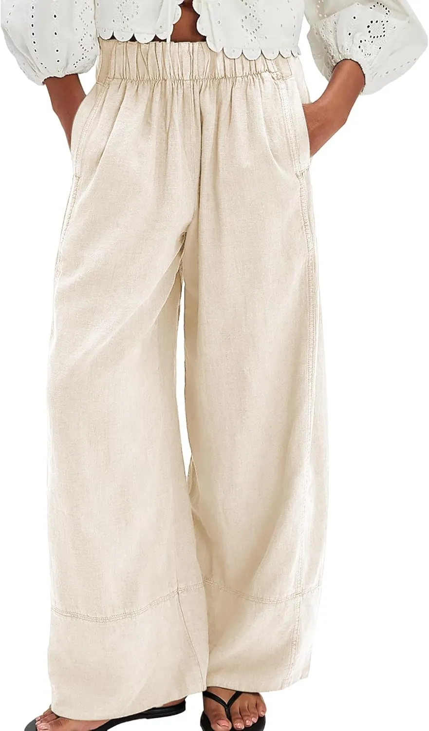 Linen Pants for Women Cotton Baggy Boho Casual Palazzo Pants Wide Leg Long Lounge Trousers with Pockets(Apricot,L)