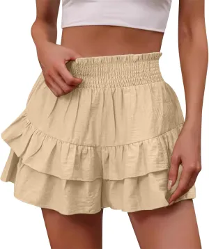 Linen Ruffle Shorts for Women Baggy Elastic High Waisted Layered Shorts Casual Flowy Wide Leg Tiered Shorts