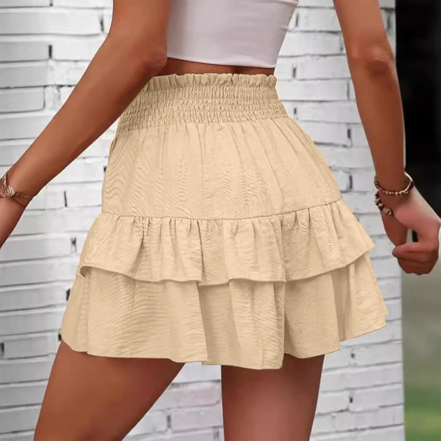 Linen Ruffle Shorts for Women Baggy Elastic High Waisted Layered Shorts Casual Flowy Wide Leg Tiered Shorts
