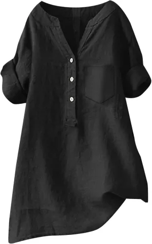 Linen Shirts for Women Summer Cotton Linen Plain Short Sleeve T Shirt Casual Plus Size Trendy V Neck Tee Tops