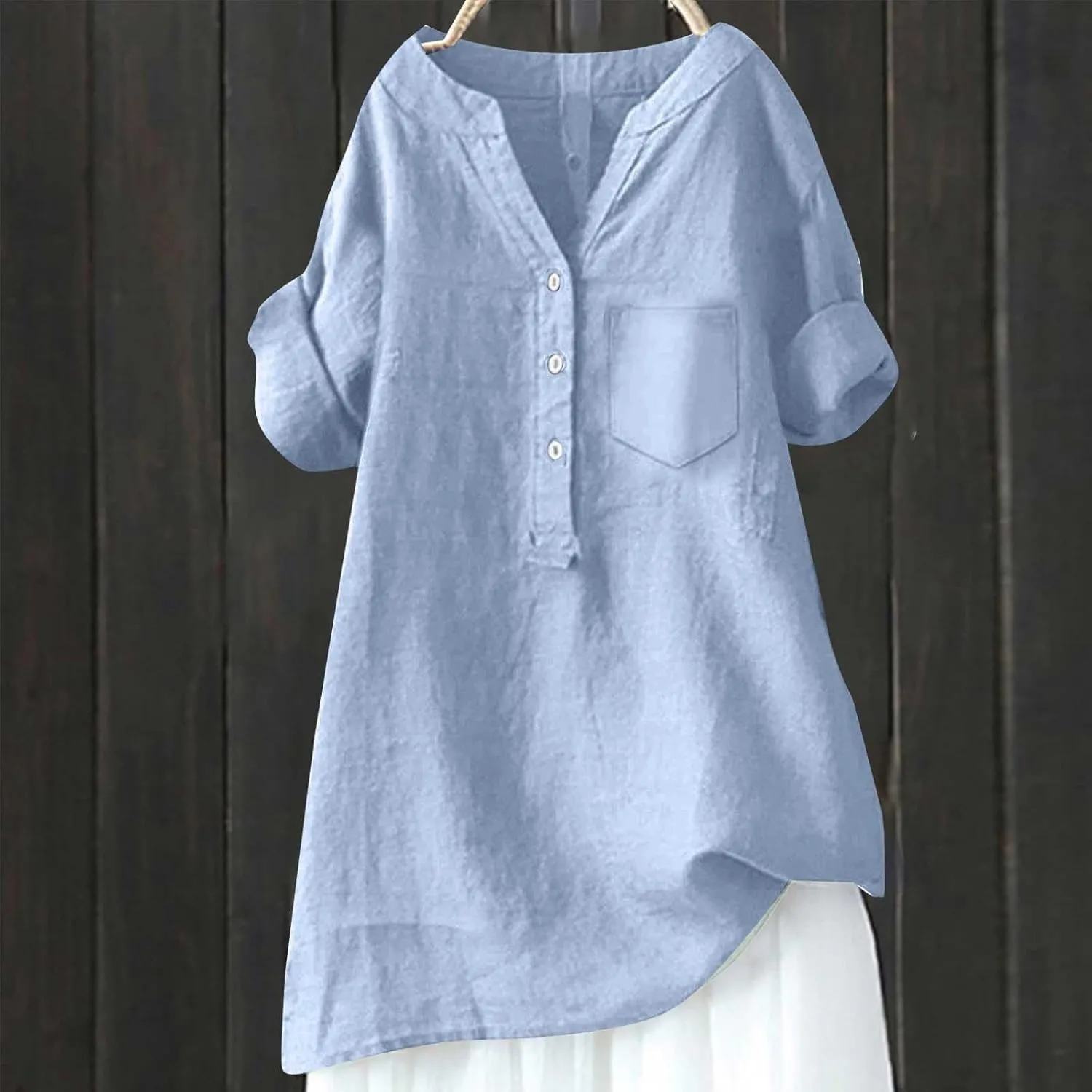 Linen Shirts for Women Summer Linen Button Long Sleeve T-Shirts Casual Loose Fit Fashion V Neck Blouses