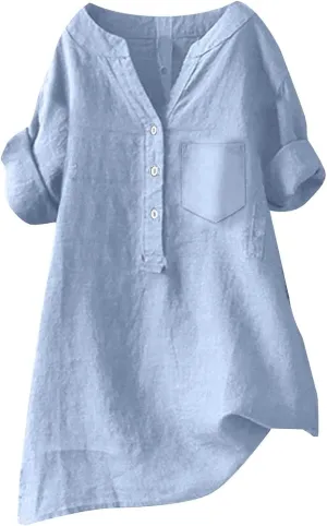 Linen Shirts for Women Summer Linen Button Long Sleeve T-Shirts Casual Loose Fit Fashion V Neck Blouses