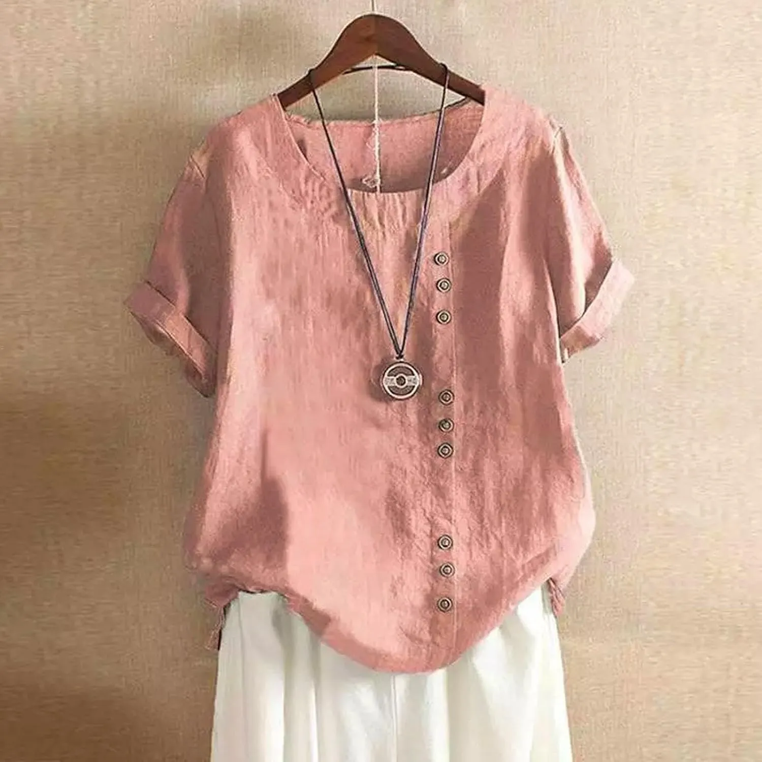 Linen Shirts for Women V Neck Button Down Blouses Plain Dressy Tee Tops Short Sleeve Loose Fit Tunic Top