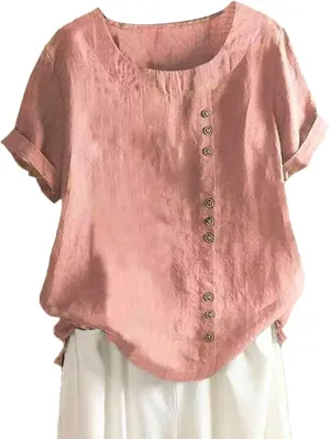Linen Shirts for Women V Neck Button Down Blouses Plain Dressy Tee Tops Short Sleeve Loose Fit Tunic Top