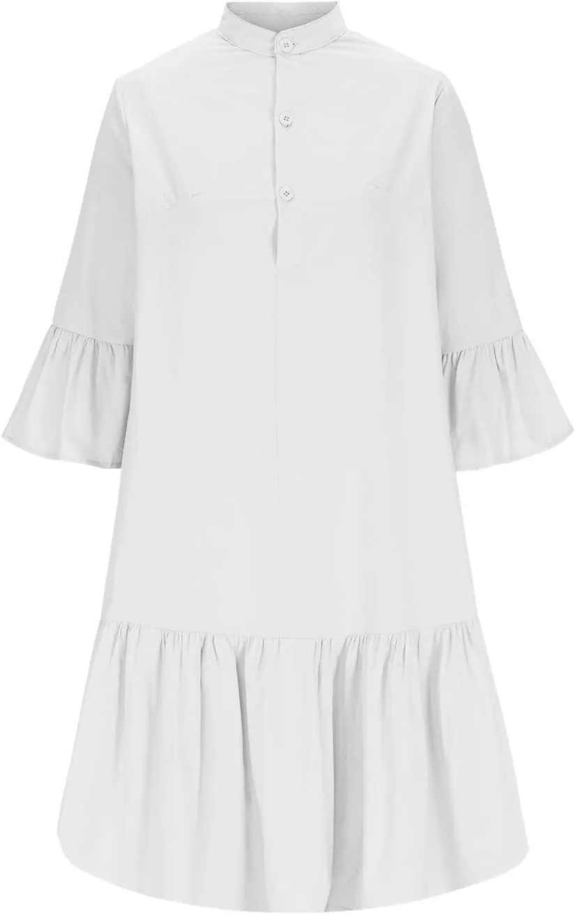 Lmdudan 2025 Women Summer Button Down Shirt Dress Casual Ruffle Sleeve Shift Mini Dresses Vacation Boho Dresses with Pockets