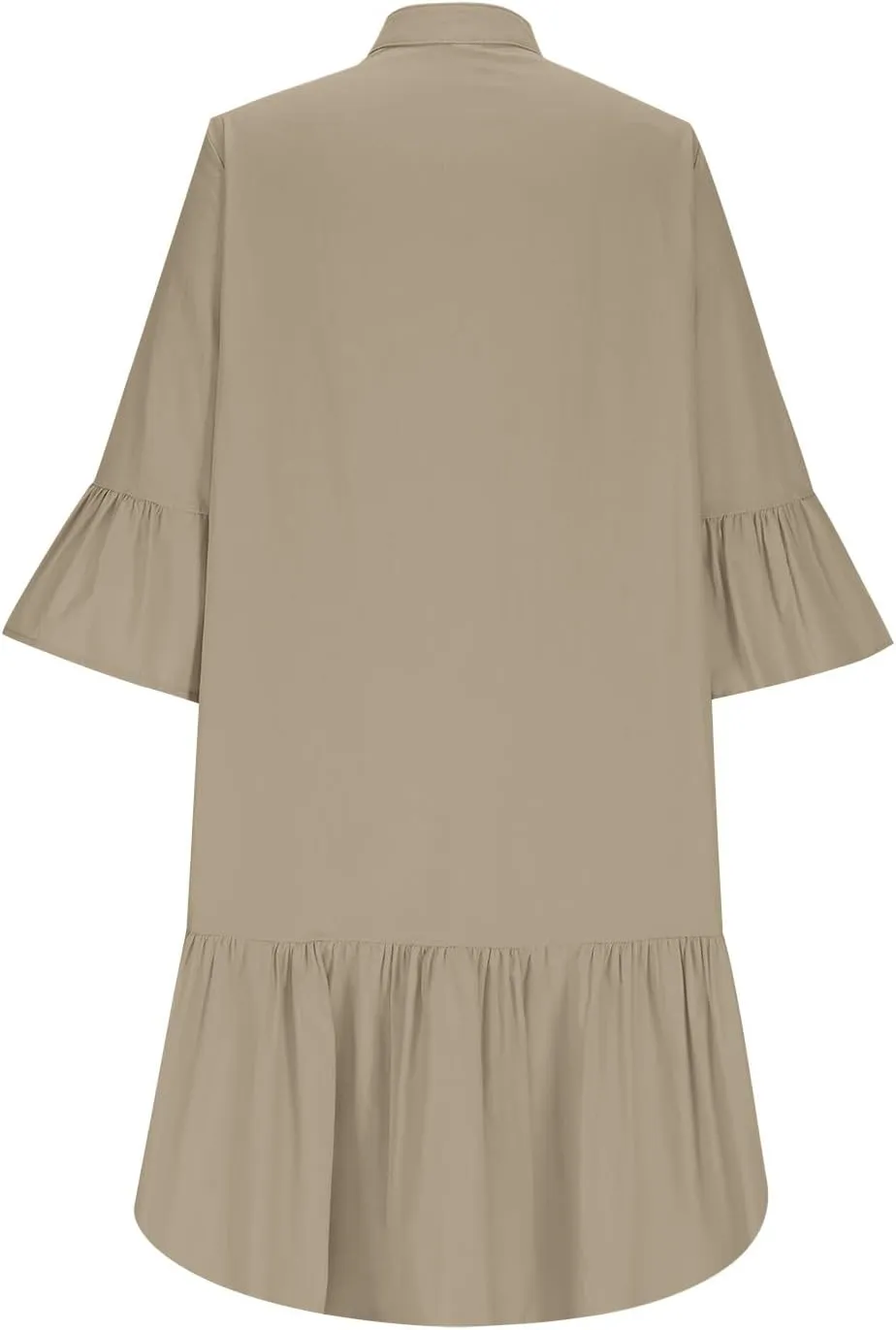 Lmdudan 2025 Women Summer Button Down Shirt Dress Casual Ruffle Sleeve Shift Mini Dresses Vacation Boho Dresses with Pockets