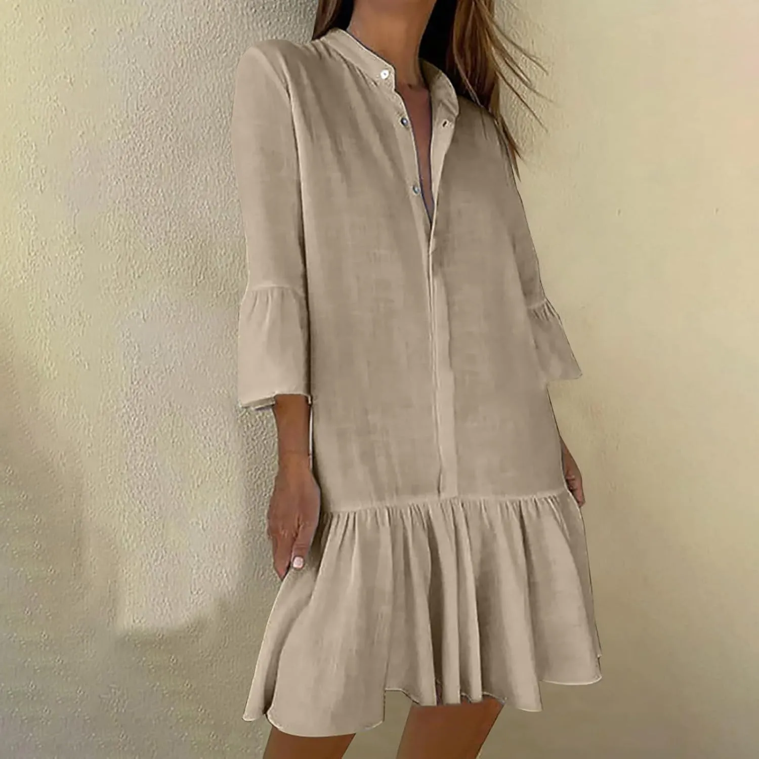 Lmdudan 2025 Women Summer Button Down Shirt Dress Casual Ruffle Sleeve Shift Mini Dresses Vacation Boho Dresses with Pockets