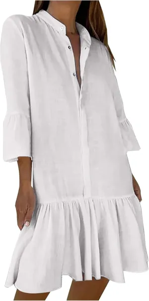 Lmdudan 2025 Women Summer Button Down Shirt Dress Casual Ruffle Sleeve Shift Mini Dresses Vacation Boho Dresses with Pockets