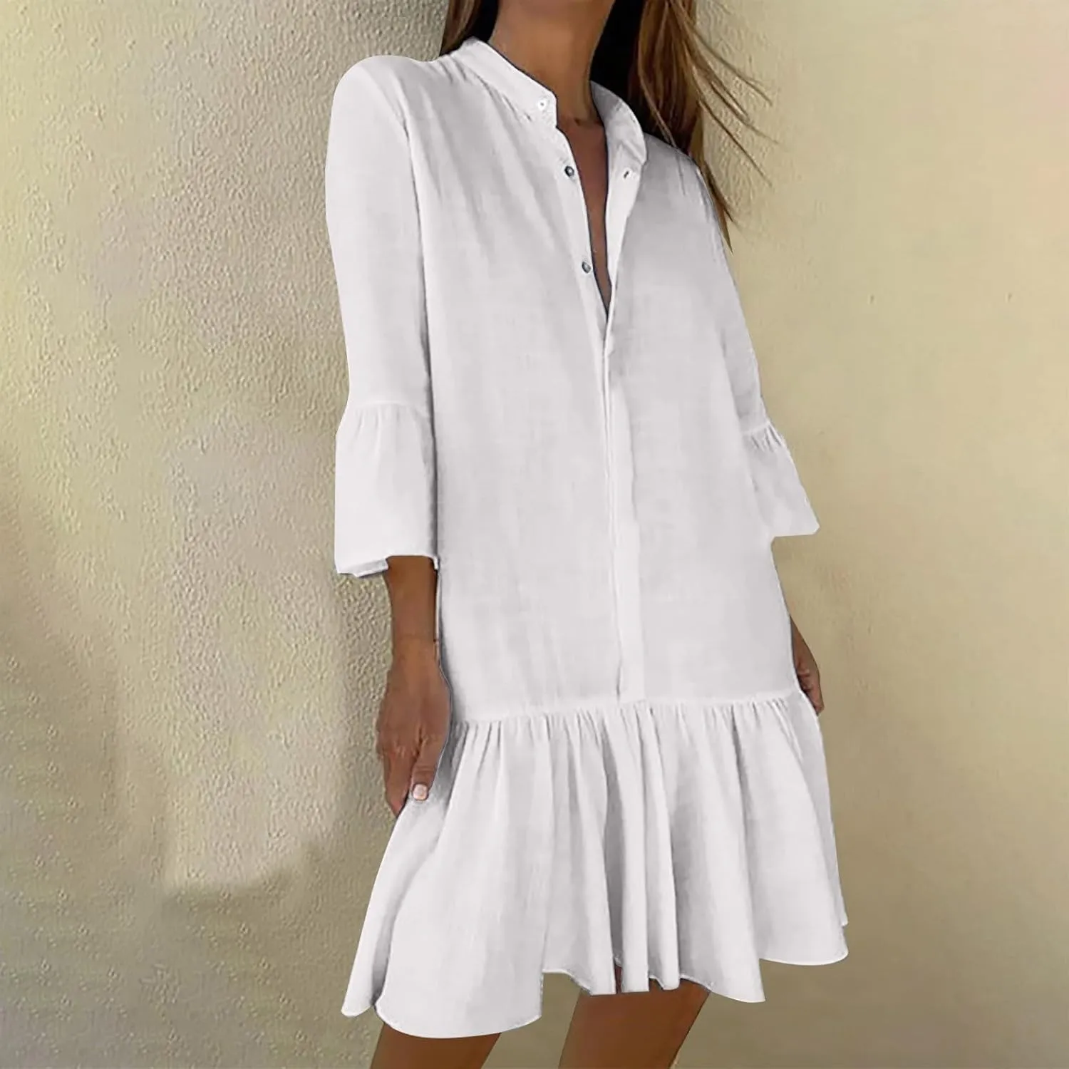 Lmdudan 2025 Women Summer Button Down Shirt Dress Casual Ruffle Sleeve Shift Mini Dresses Vacation Boho Dresses with Pockets