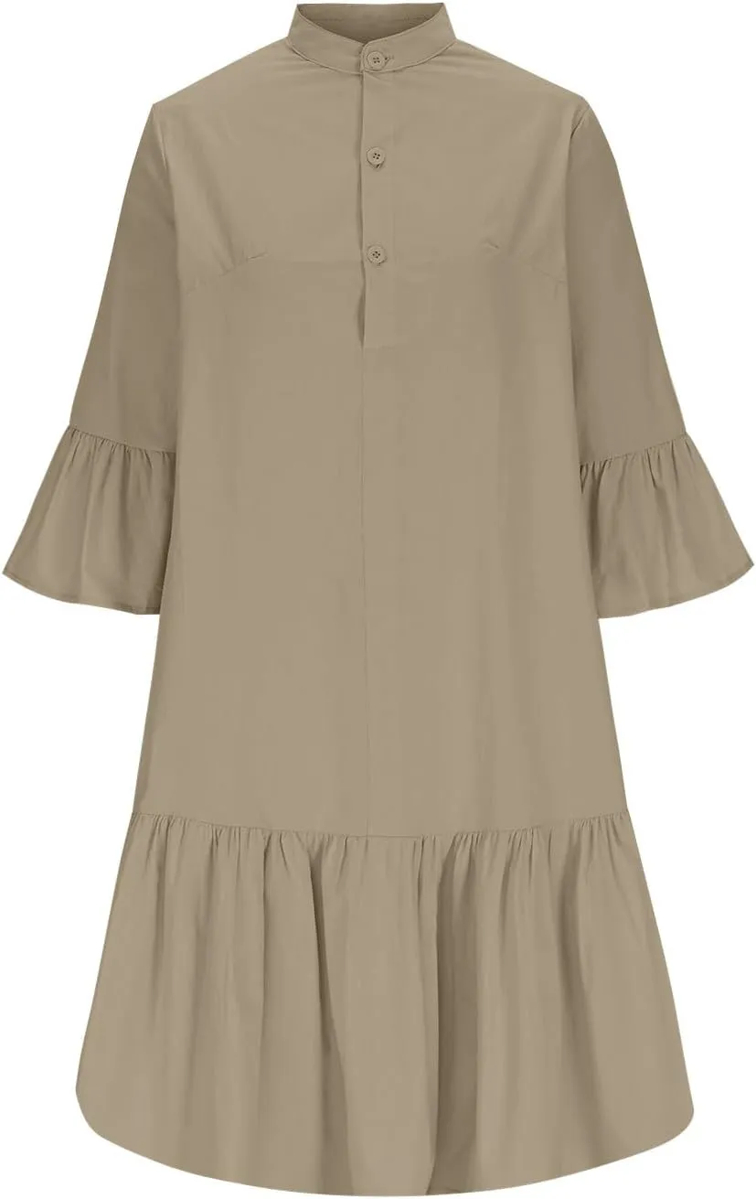 Lmdudan 2025 Women Summer Button Down Shirt Dress Casual Ruffle Sleeve Shift Mini Dresses Vacation Boho Dresses with Pockets