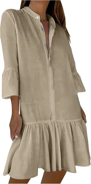 Lmdudan 2025 Women Summer Button Down Shirt Dress Casual Ruffle Sleeve Shift Mini Dresses Vacation Boho Dresses with Pockets