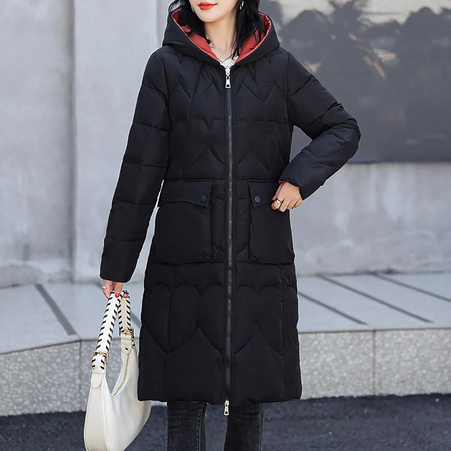 Long Coat for Women Insulated Jacket with Removable Faux Fur Trim Trendy Warm Long Maxi Puffer Coat Outerwear