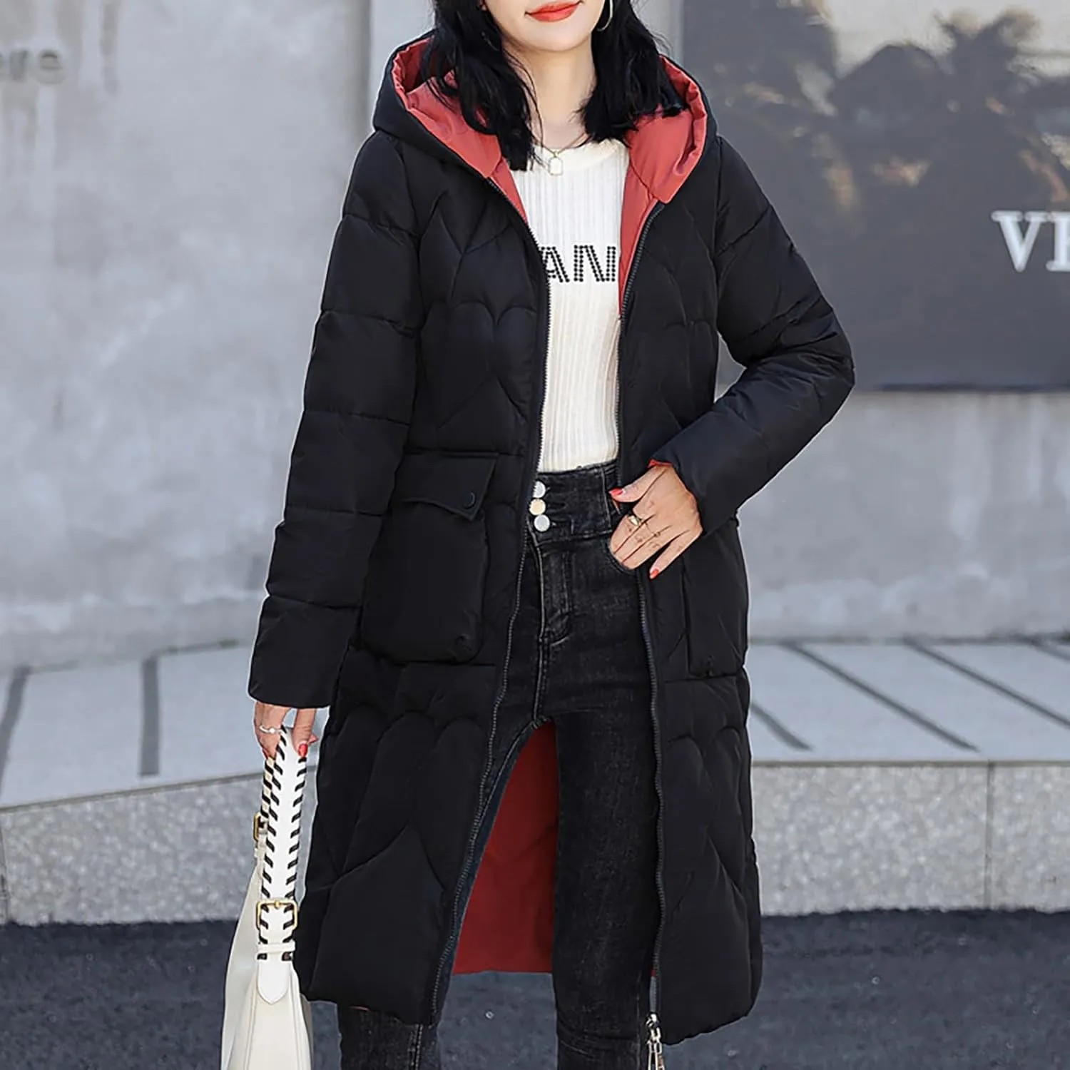 Long Coat for Women Insulated Jacket with Removable Faux Fur Trim Trendy Warm Long Maxi Puffer Coat Outerwear