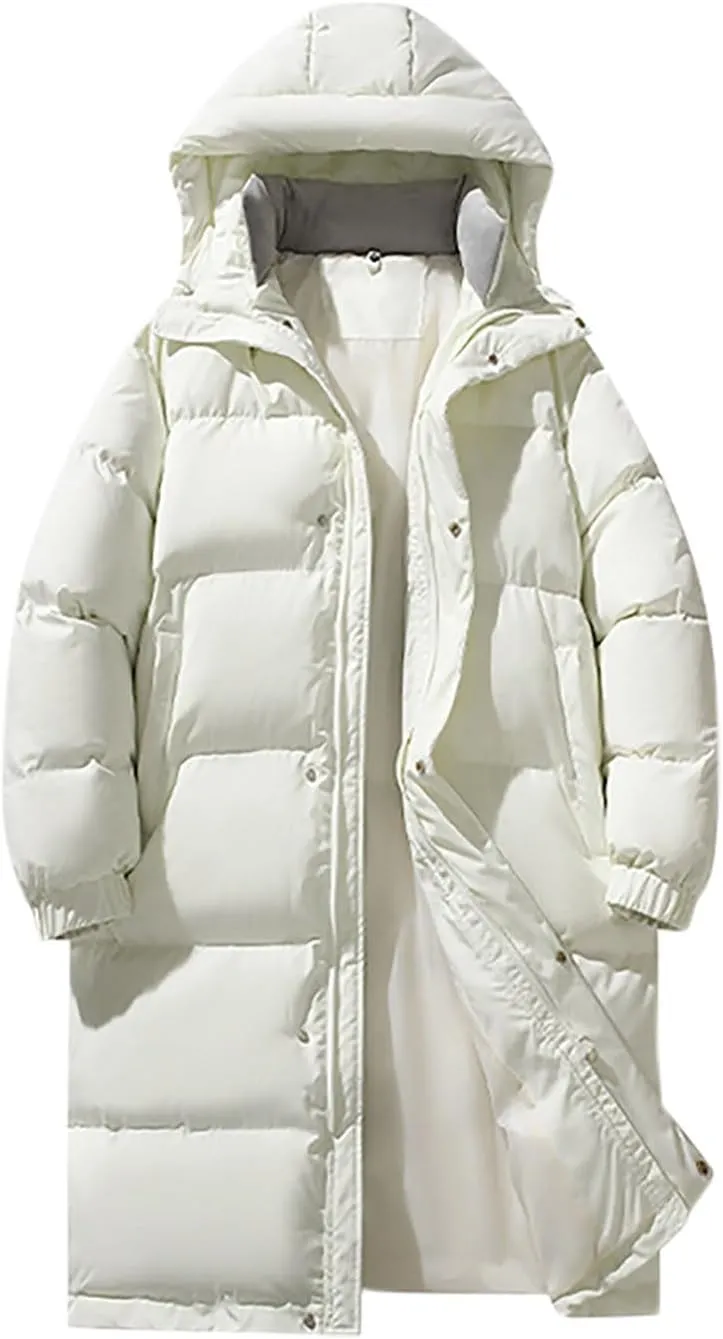 Long Down Puffer Coat Men Zip up Hooded Jacket Padded Quilted Jacket Windproof Winter Coat Thermal Outwear