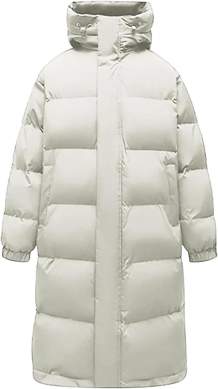 Long Down Puffer Coat Men Zip up Hooded Jacket Padded Quilted Jacket Windproof Winter Coat Thermal Outwear