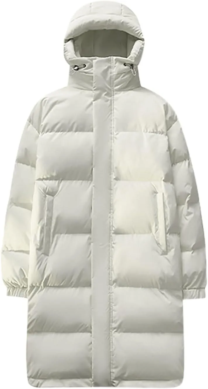 Long Down Puffer Coat Men Zip up Hooded Jacket Padded Quilted Jacket Windproof Winter Coat Thermal Outwear