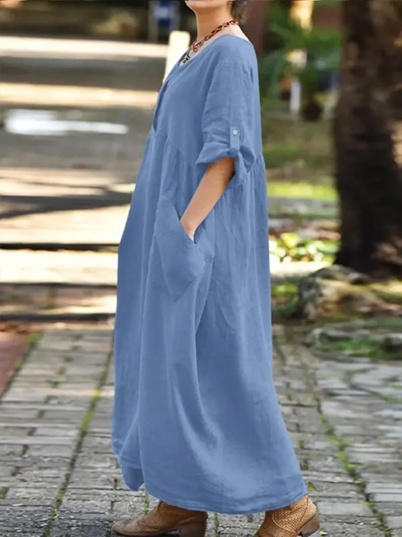 Long Dresses for Women Summer Cotton Linen T Shirt V-Neck Dress Casual Loose Midi Dress Flowy Beach Sundress Pockets