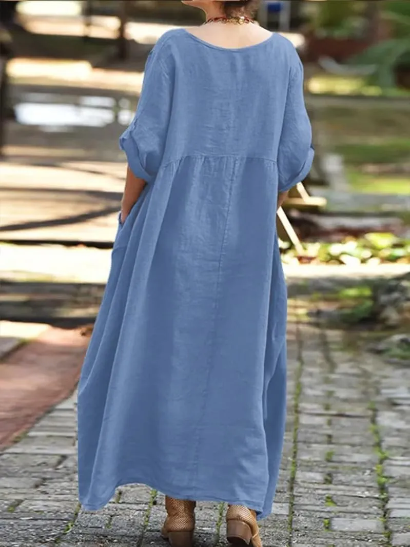 Long Dresses for Women Summer Cotton Linen T Shirt V-Neck Dress Casual Loose Midi Dress Flowy Beach Sundress Pockets