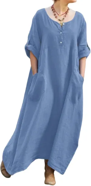 Long Dresses for Women Summer Cotton Linen T Shirt V-Neck Dress Casual Loose Midi Dress Flowy Beach Sundress Pockets