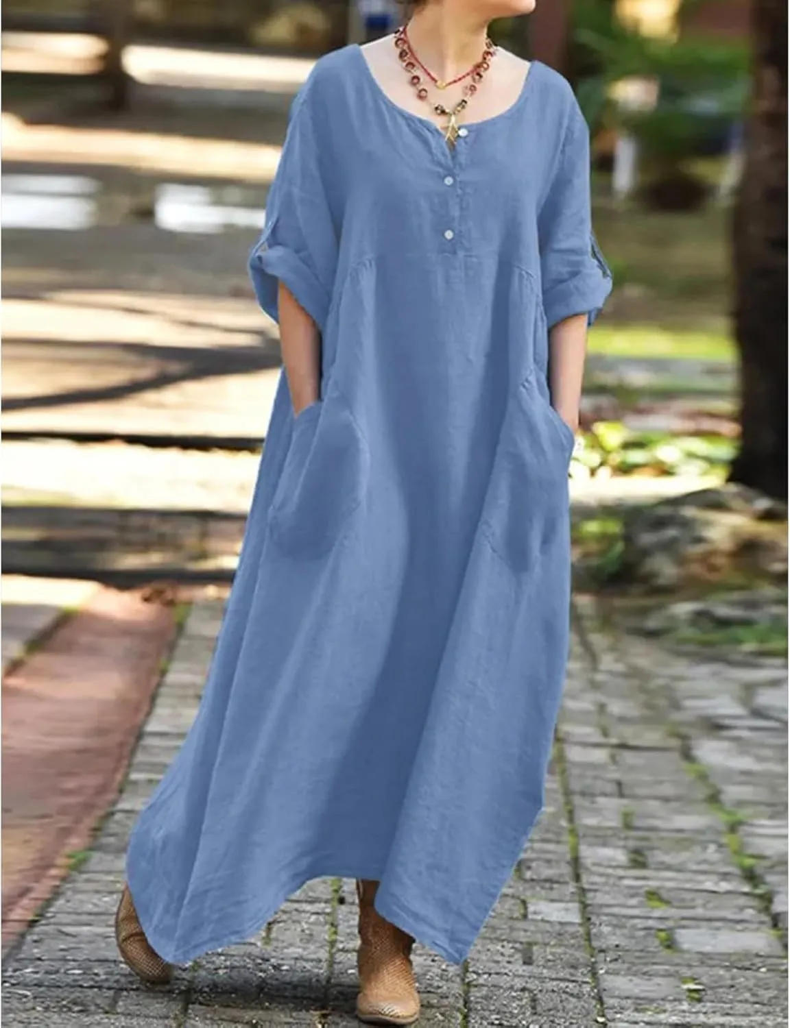 Long Dresses for Women Summer Cotton Linen T Shirt V-Neck Dress Casual Loose Midi Dress Flowy Beach Sundress Pockets