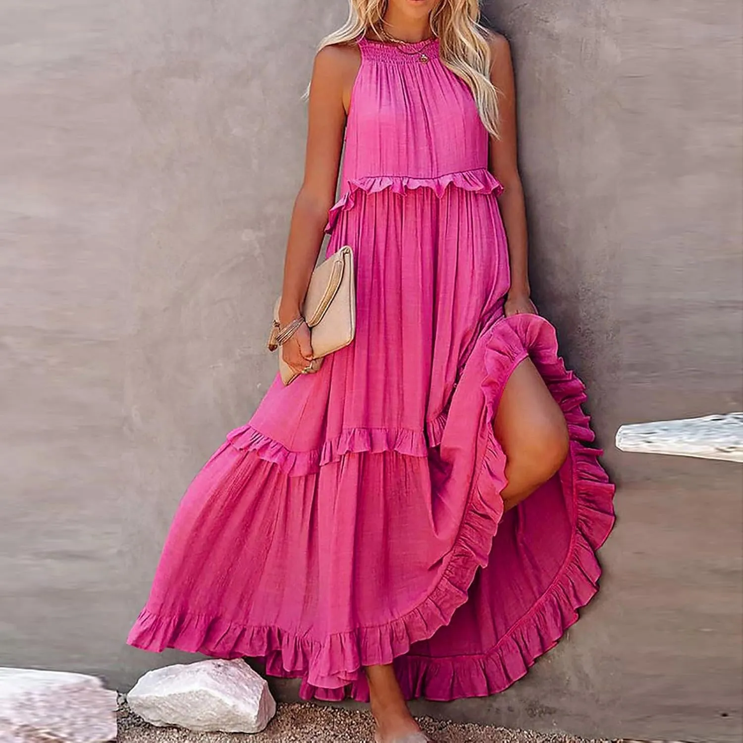 Long Dresses for Womens Summer Halter Neck Maxi Dress Trendy Tiered Ruffle Flowy Swing Beach Sundress 2025