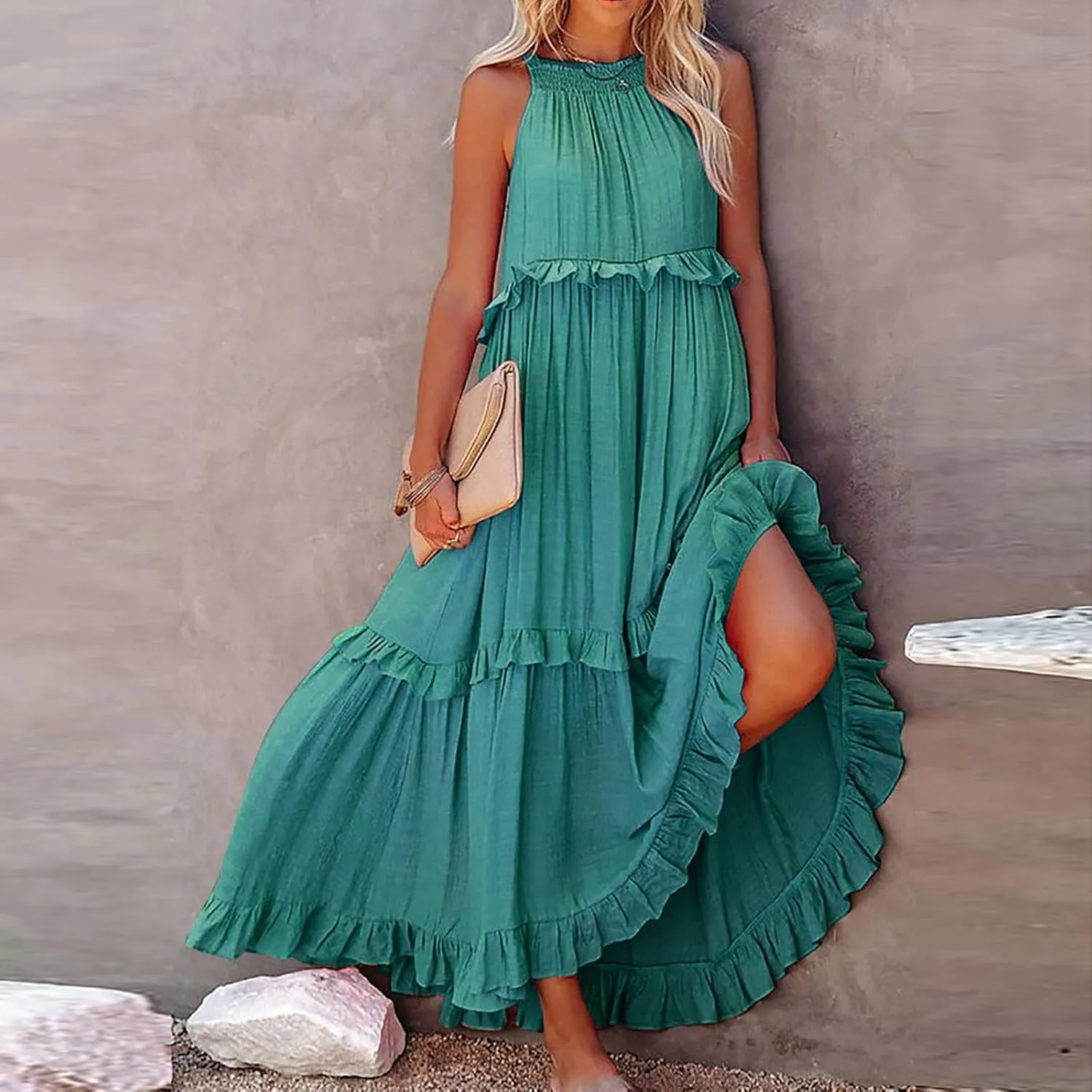 Long Dresses for Womens Summer Halter Neck Maxi Dress Trendy Tiered Ruffle Flowy Swing Beach Sundress 2025