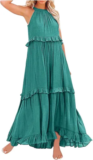 Long Dresses for Womens Summer Halter Neck Maxi Dress Trendy Tiered Ruffle Flowy Swing Beach Sundress 2025