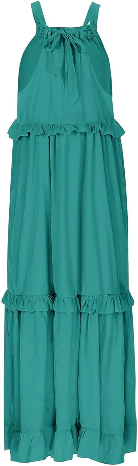 Long Dresses for Womens Summer Halter Neck Maxi Dress Trendy Tiered Ruffle Flowy Swing Beach Sundress 2025