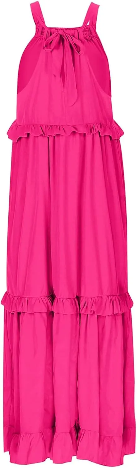 Long Dresses for Womens Summer Halter Neck Maxi Dress Trendy Tiered Ruffle Flowy Swing Beach Sundress 2025