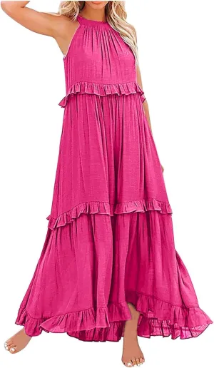 Long Dresses for Womens Summer Halter Neck Maxi Dress Trendy Tiered Ruffle Flowy Swing Beach Sundress 2025