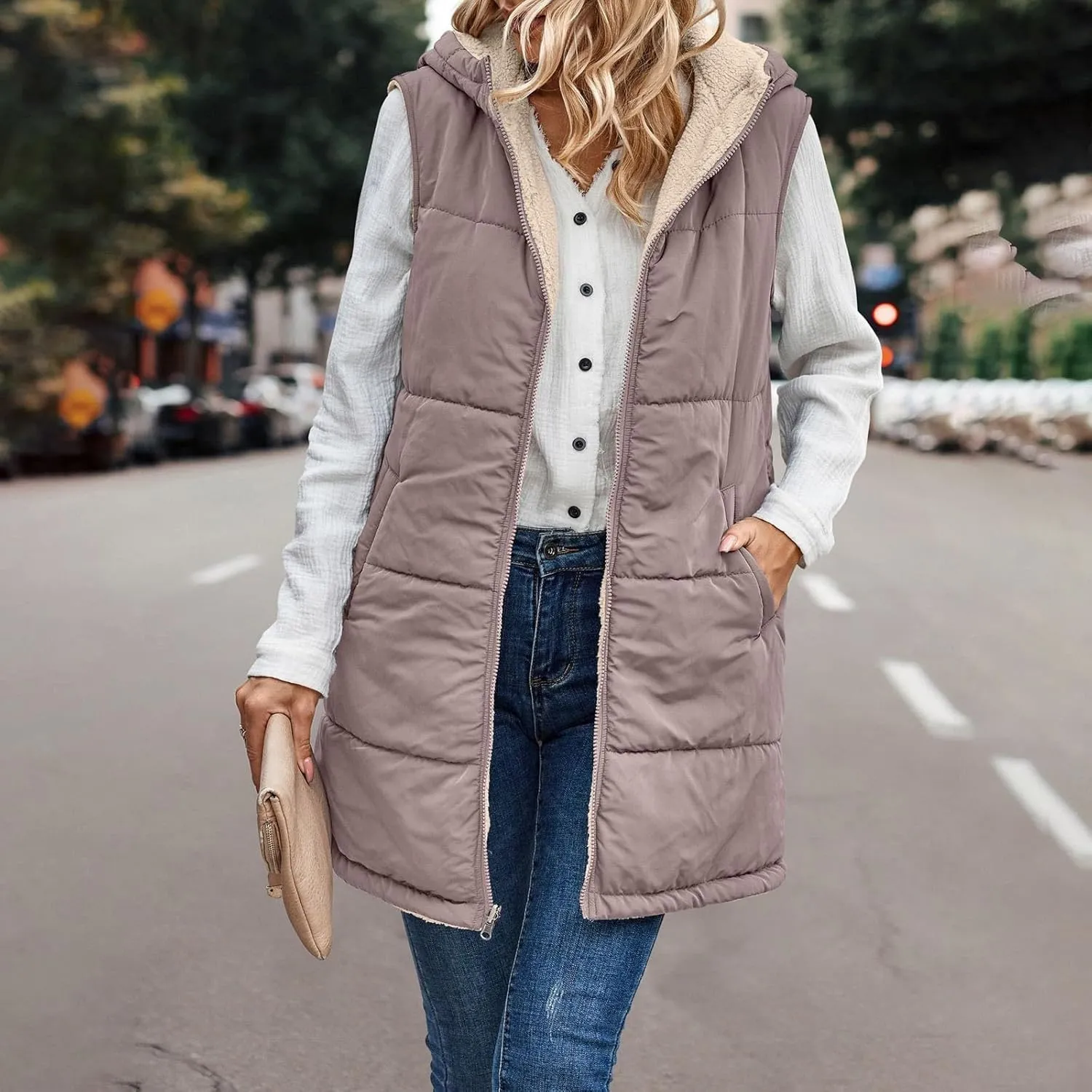 Long Fleece Vests For Women 2024 Trendy Puffer Zip Up Sleeveless Hoodie Jacket Quilted Vest Padded Coat Outerwear