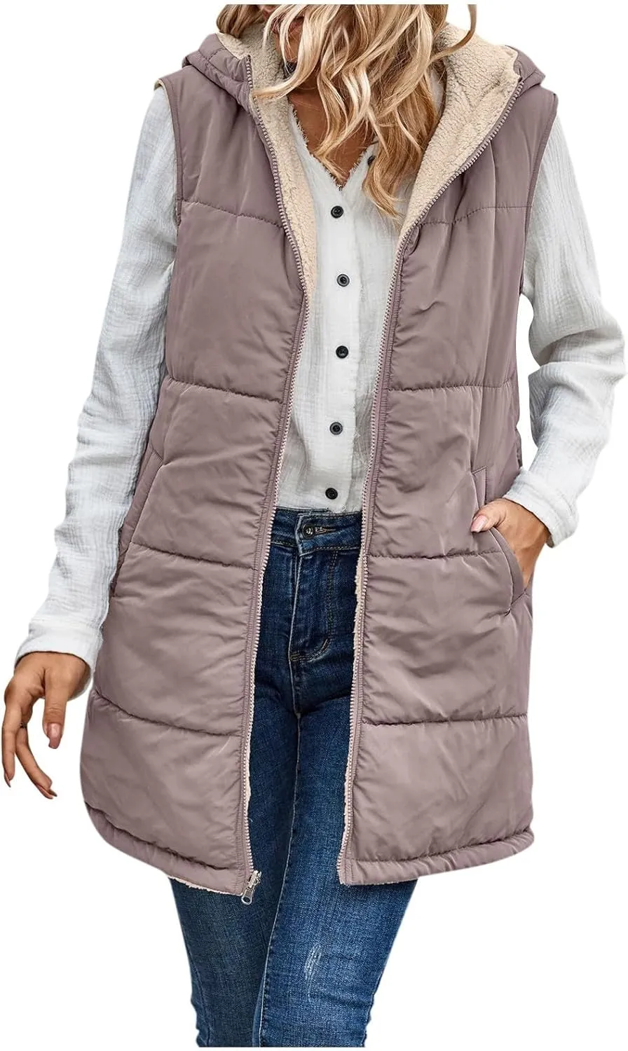 Long Fleece Vests For Women 2024 Trendy Puffer Zip Up Sleeveless Hoodie Jacket Quilted Vest Padded Coat Outerwear