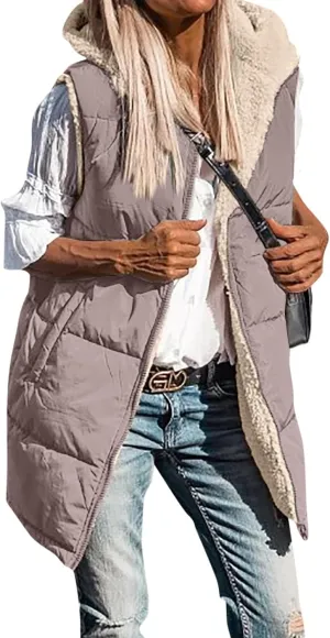 Long Fleece Vests For Women 2024 Trendy Puffer Zip Up Sleeveless Hoodie Jacket Quilted Vest Padded Coat Outerwear