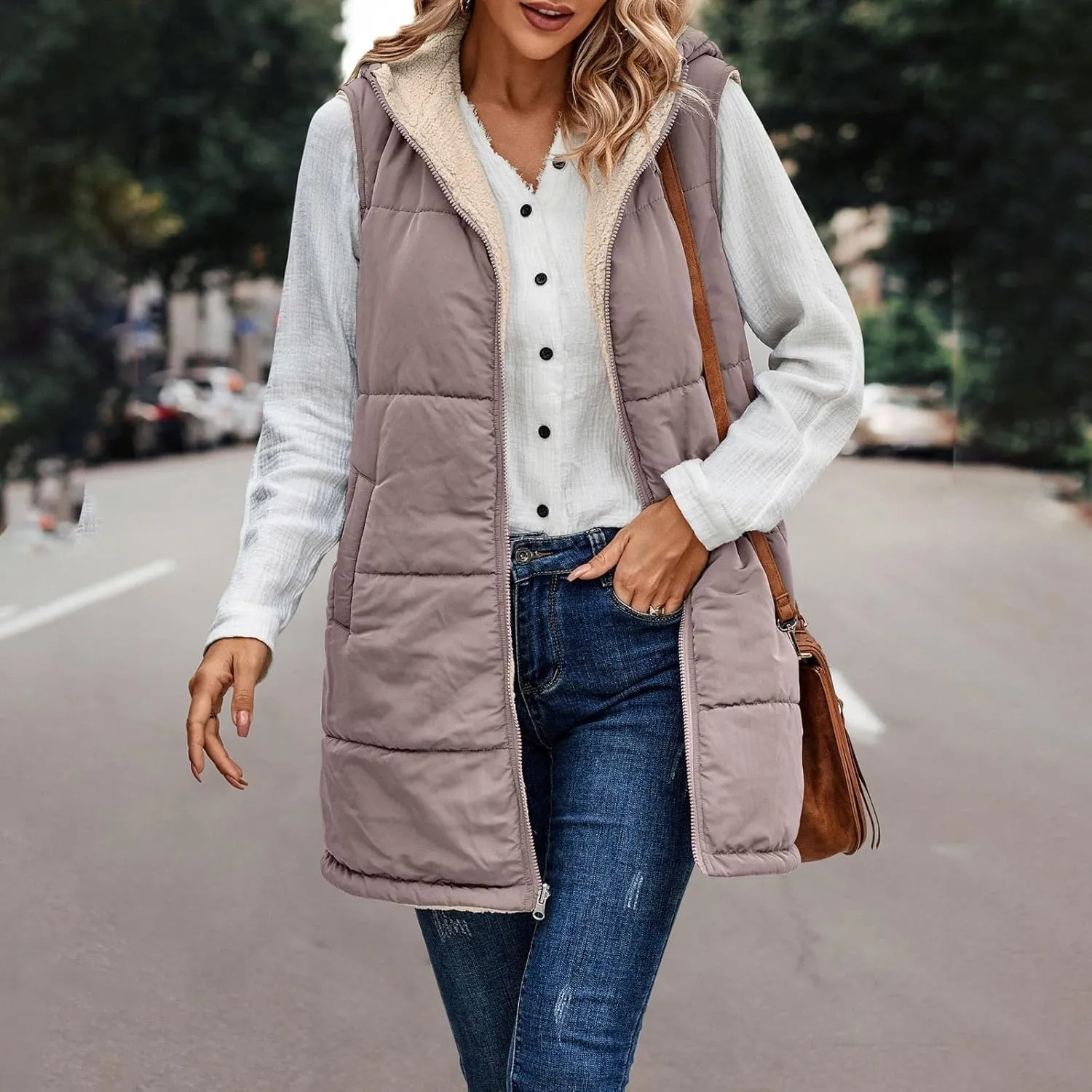 Long Fleece Vests For Women 2024 Trendy Puffer Zip Up Sleeveless Hoodie Jacket Quilted Vest Padded Coat Outerwear