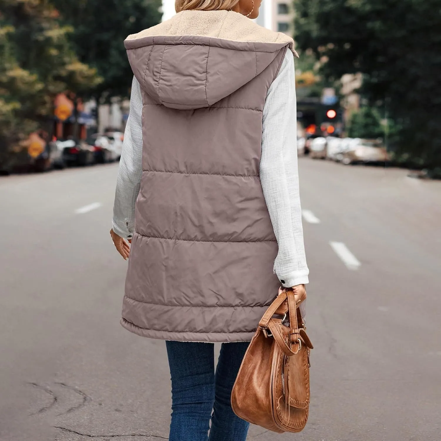 Long Fleece Vests For Women 2024 Trendy Puffer Zip Up Sleeveless Hoodie Jacket Quilted Vest Padded Coat Outerwear