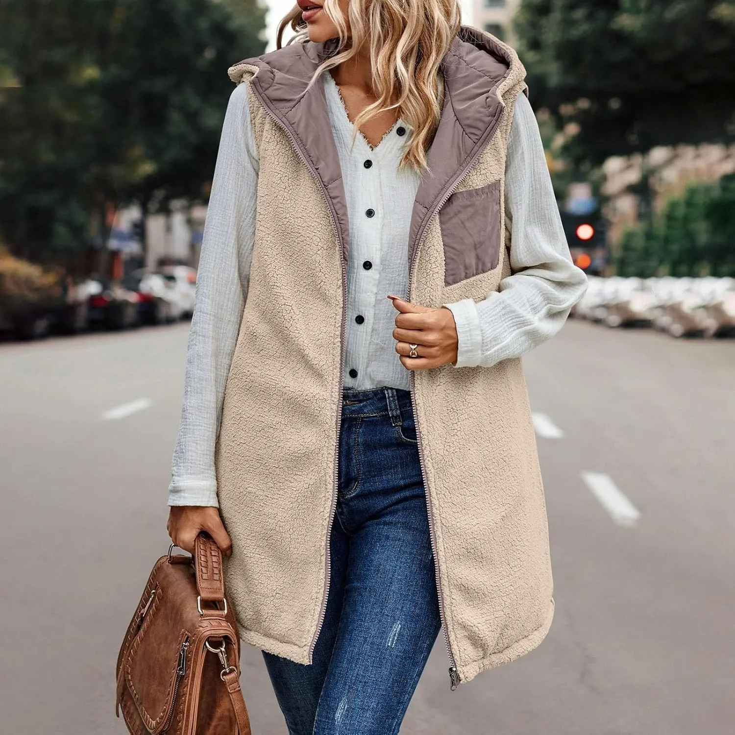 Long Fleece Vests For Women 2024 Trendy Puffer Zip Up Sleeveless Hoodie Jacket Quilted Vest Padded Coat Outerwear