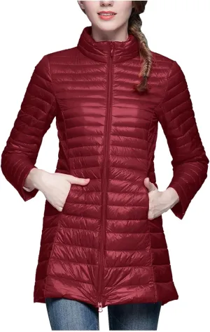 Long Puffer Jackets for Women Lightweight Packable Warm Winter Down Coats Casual Slim Fit Stand Collar Quilted Jacket