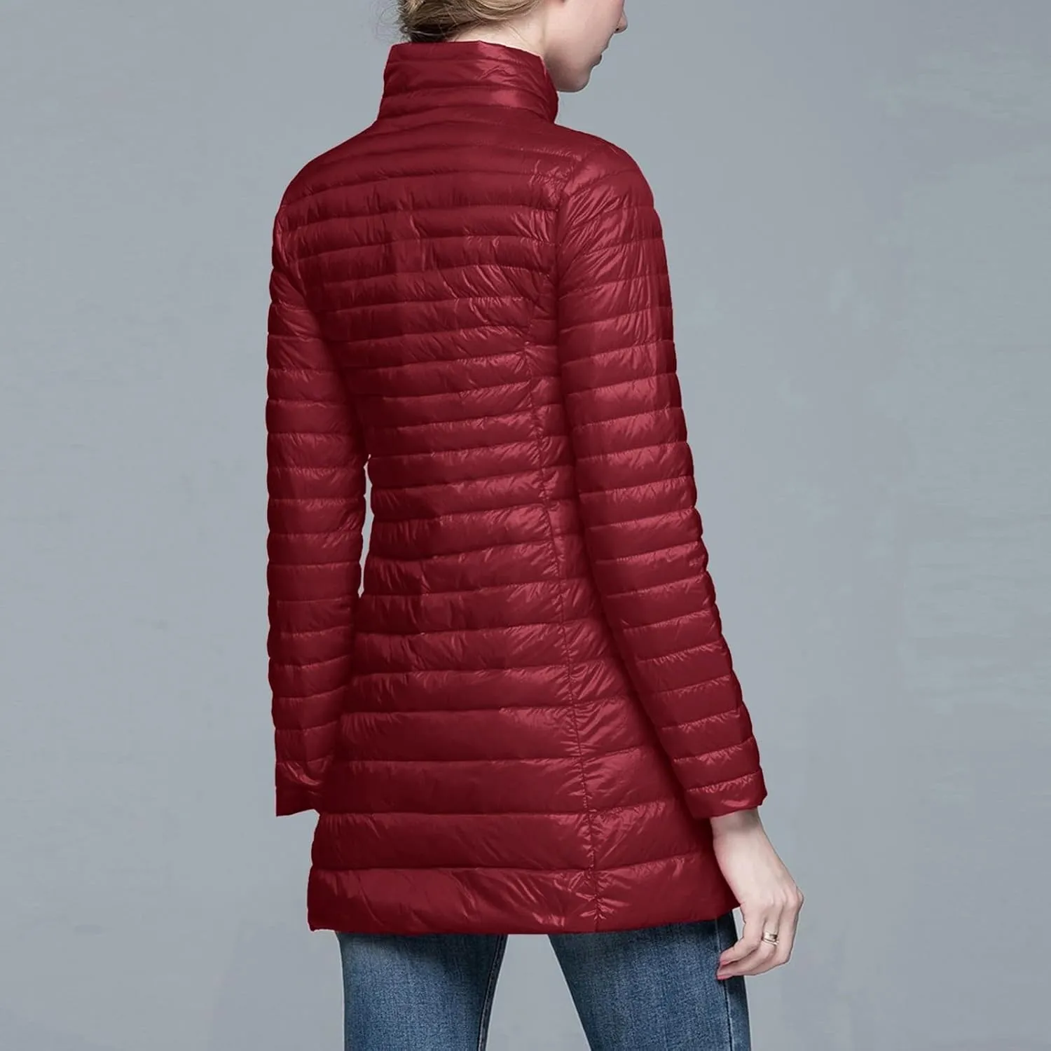 Long Puffer Jackets for Women Lightweight Packable Warm Winter Down Coats Casual Slim Fit Stand Collar Quilted Jacket