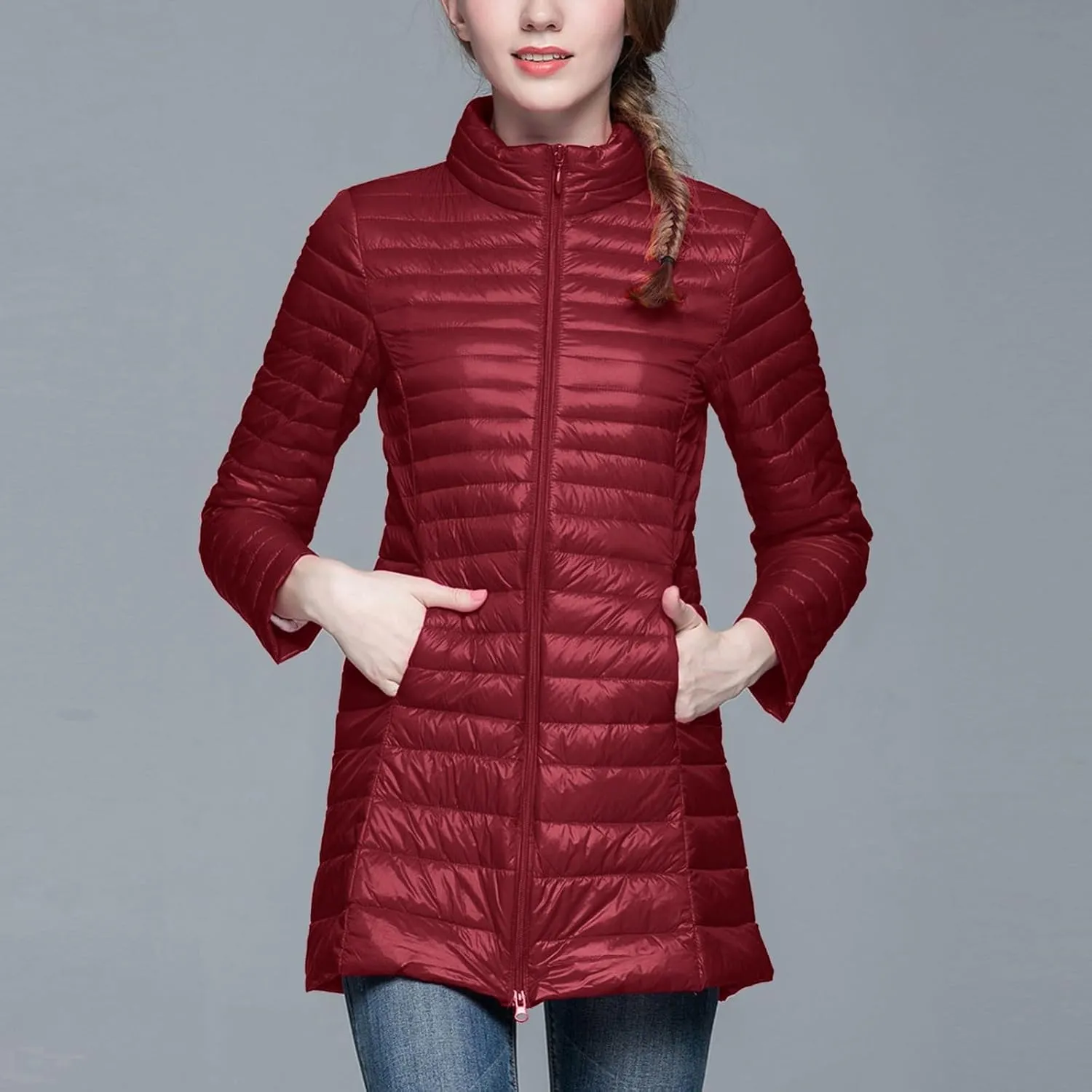Long Puffer Jackets for Women Lightweight Packable Warm Winter Down Coats Casual Slim Fit Stand Collar Quilted Jacket