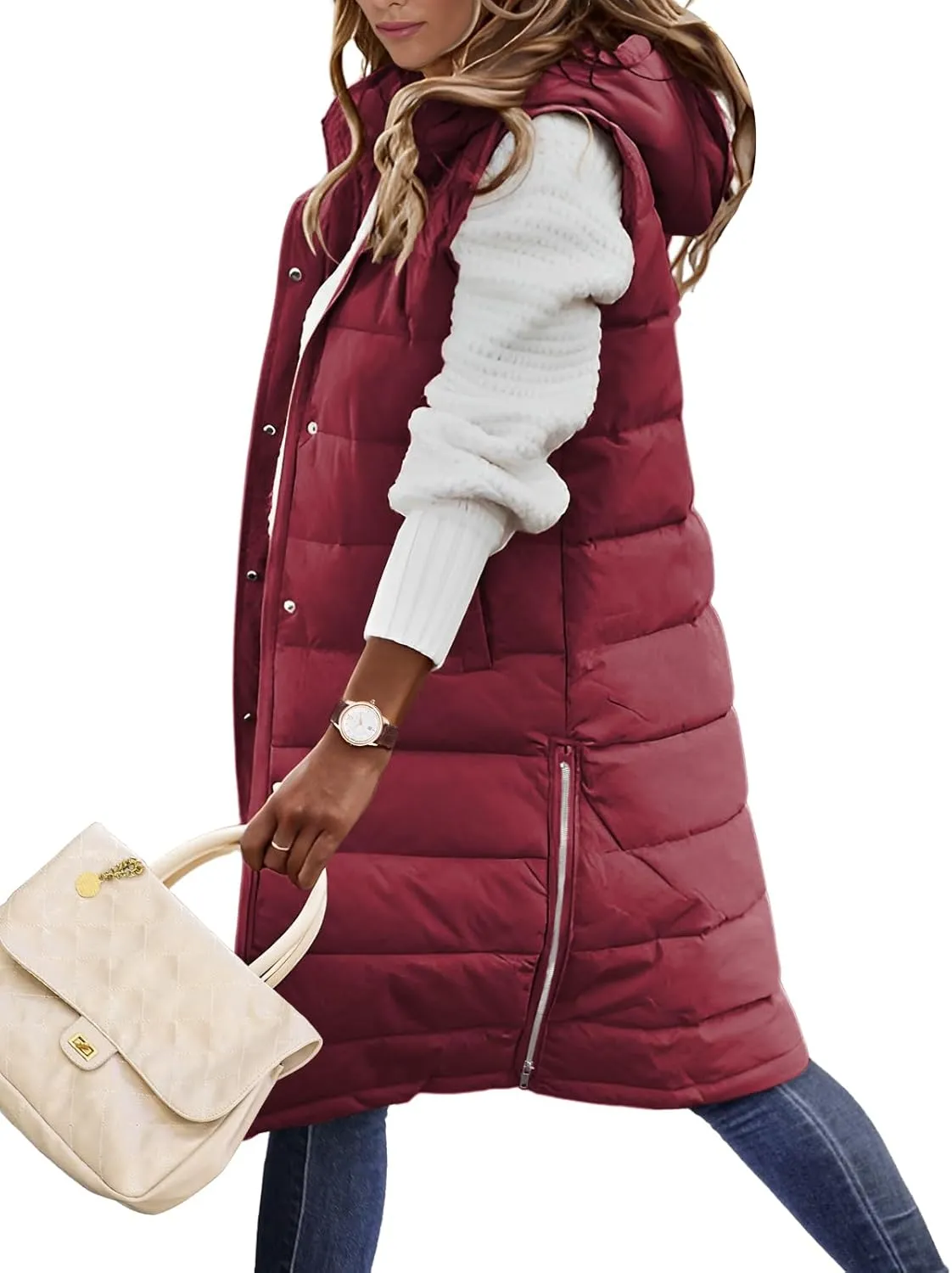Long Puffer Vest Women Quilted Hooded Vest Zip Up Sleeveless Vests Outerwear Padded Jacket Warm Winter Coat 2024