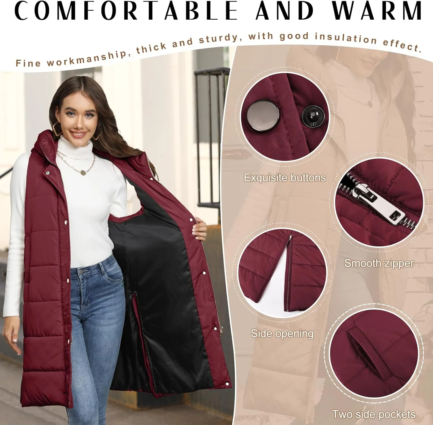 Long Puffer Vest Women Quilted Hooded Vest Zip Up Sleeveless Vests Outerwear Padded Jacket Warm Winter Coat 2024