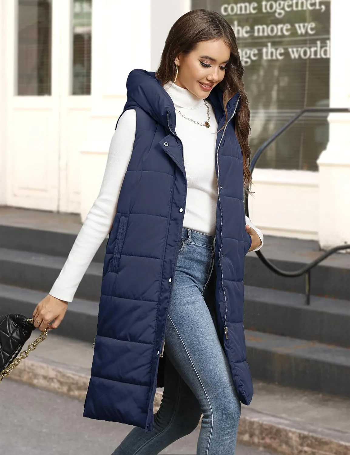 Long Puffer Vest Women Quilted Hooded Vest Zip Up Sleeveless Vests Outerwear Padded Jacket Warm Winter Coat 2024