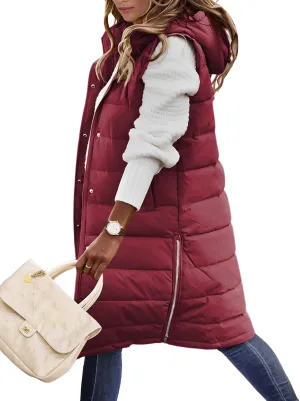 Long Puffer Vest Women Quilted Hooded Vest Zip Up Sleeveless Vests Outerwear Padded Jacket Warm Winter Coat 2024