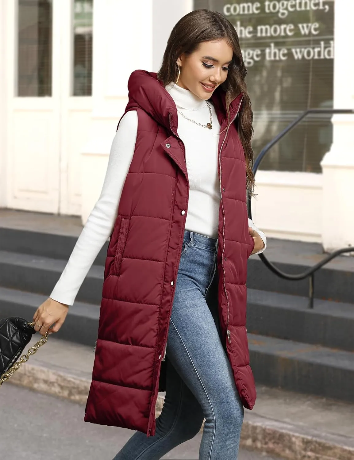 Long Puffer Vest Women Quilted Hooded Vest Zip Up Sleeveless Vests Outerwear Padded Jacket Warm Winter Coat 2024
