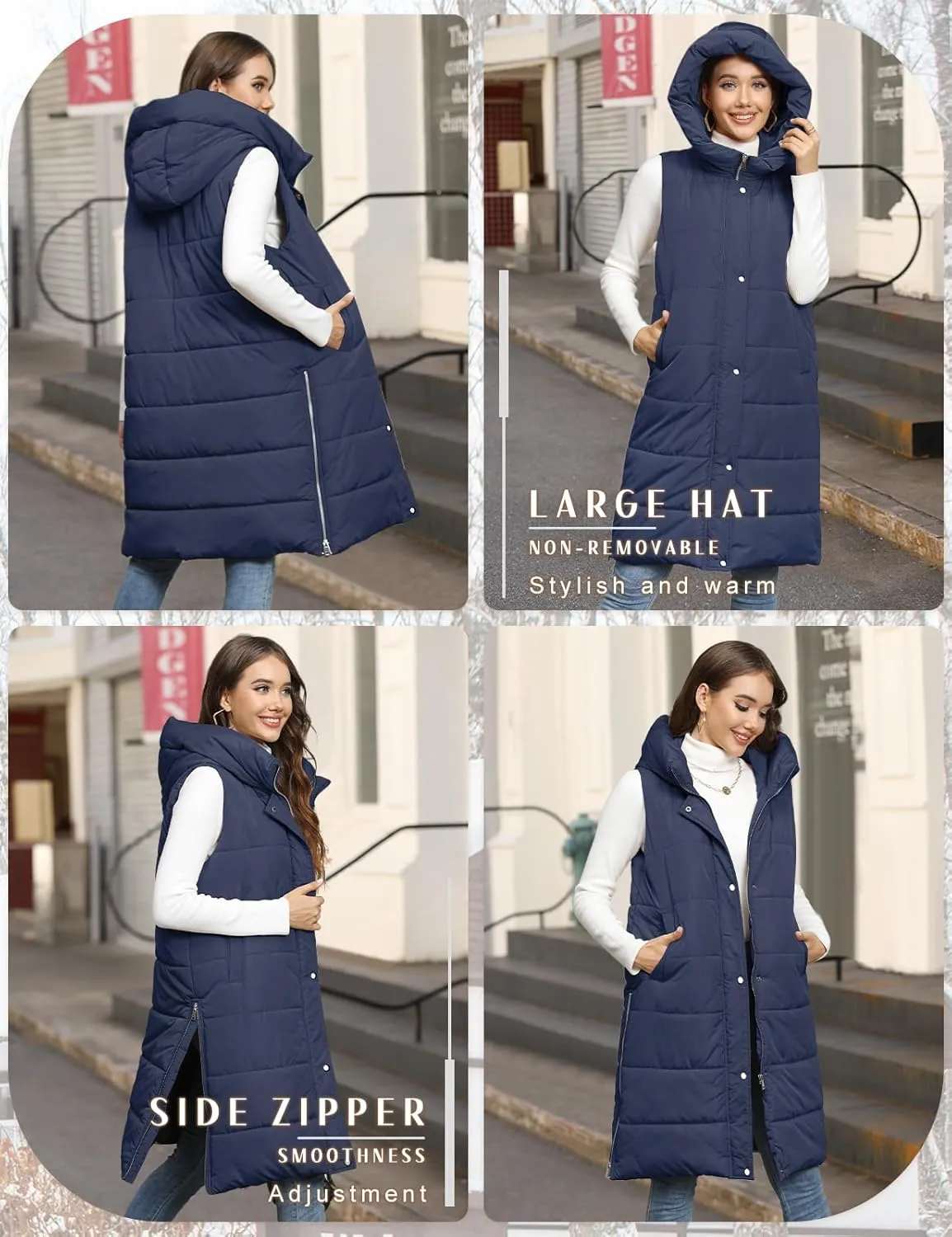 Long Puffer Vest Women Quilted Hooded Vest Zip Up Sleeveless Vests Outerwear Padded Jacket Warm Winter Coat 2024