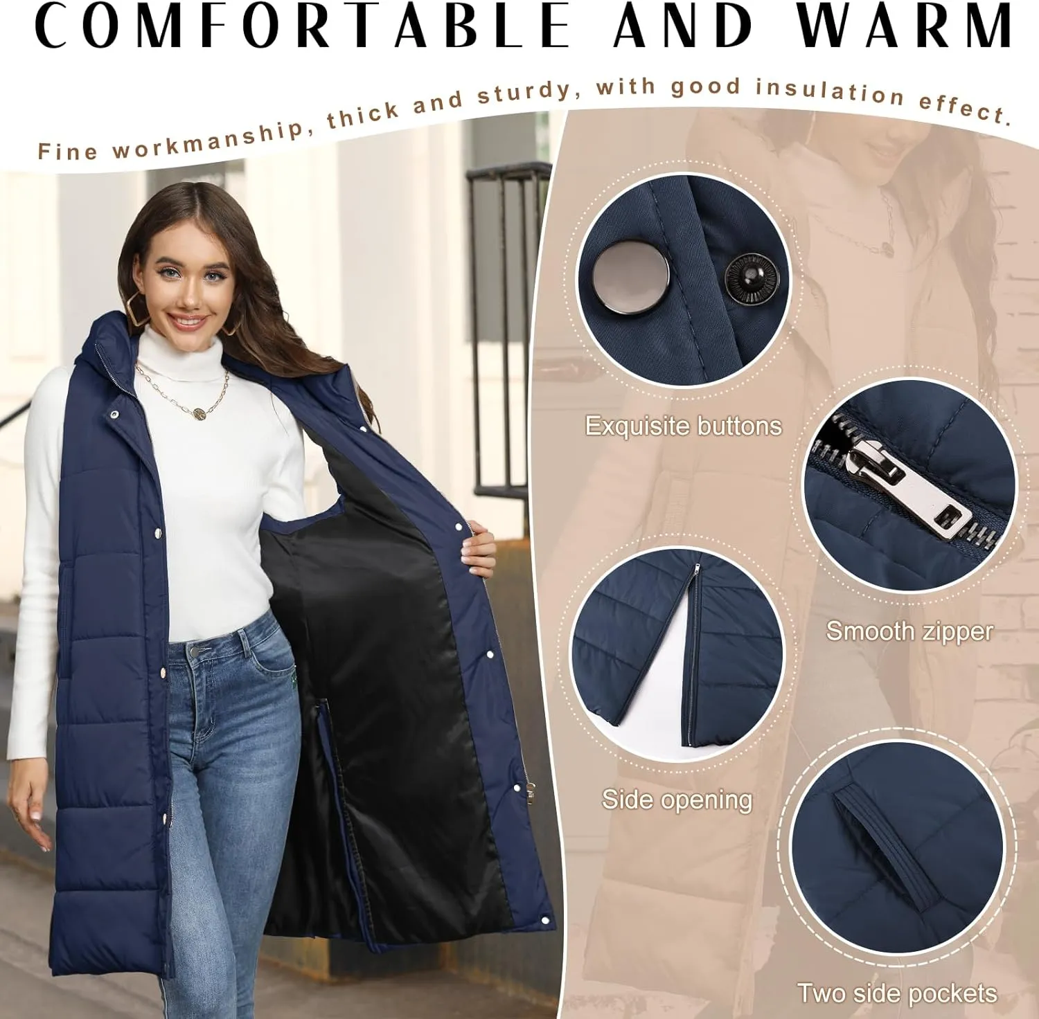 Long Puffer Vest Women Quilted Hooded Vest Zip Up Sleeveless Vests Outerwear Padded Jacket Warm Winter Coat 2024