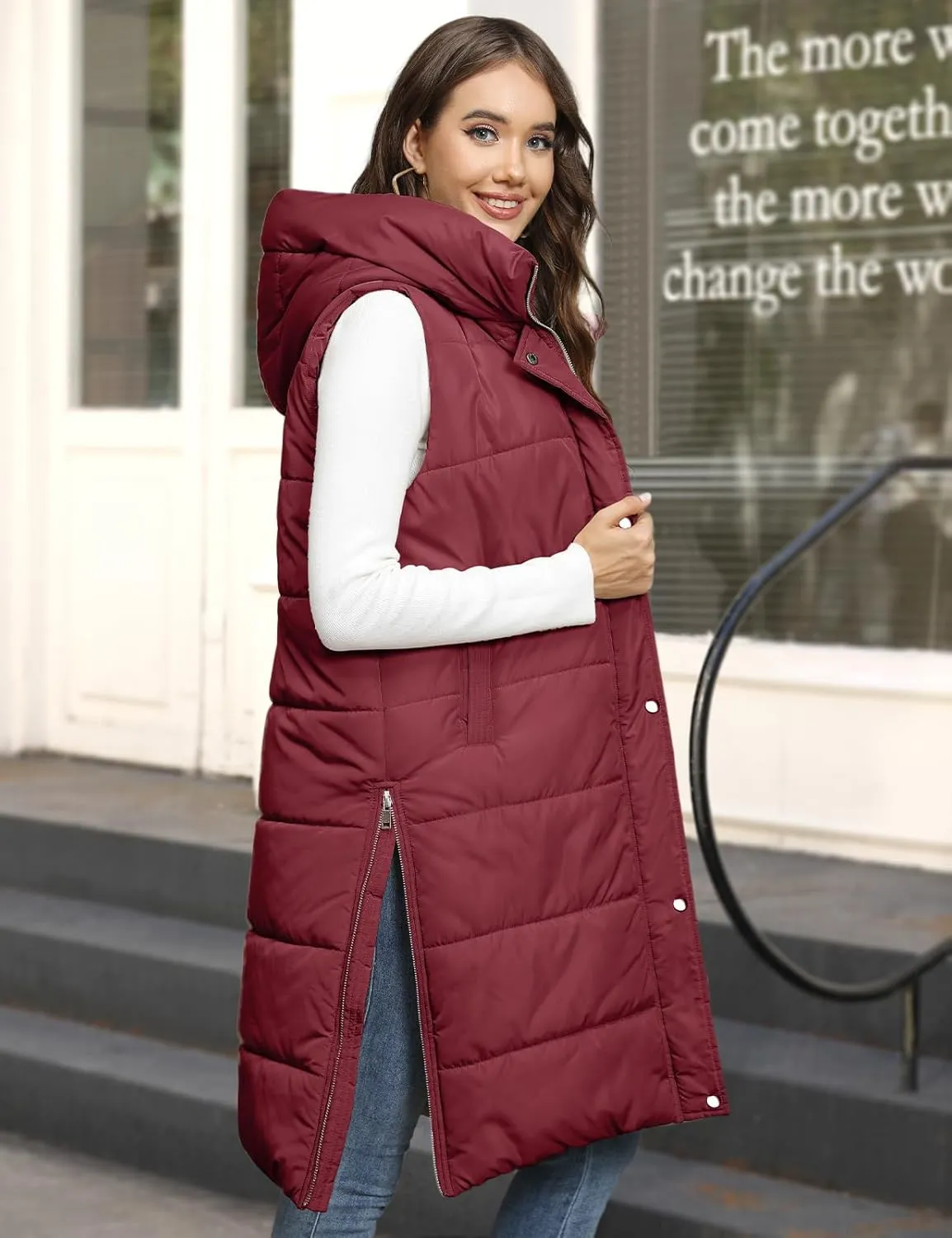 Long Puffer Vest Women Quilted Hooded Vest Zip Up Sleeveless Vests Outerwear Padded Jacket Warm Winter Coat 2024