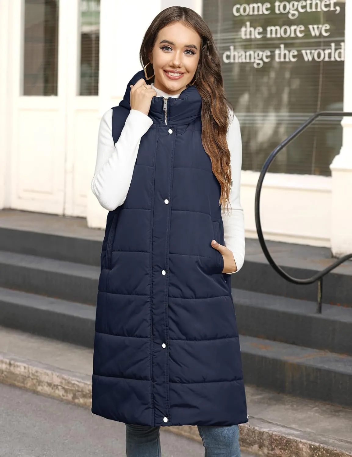 Long Puffer Vest Women Quilted Hooded Vest Zip Up Sleeveless Vests Outerwear Padded Jacket Warm Winter Coat 2024