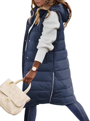 Long Puffer Vest Women Quilted Hooded Vest Zip Up Sleeveless Vests Outerwear Padded Jacket Warm Winter Coat 2024
